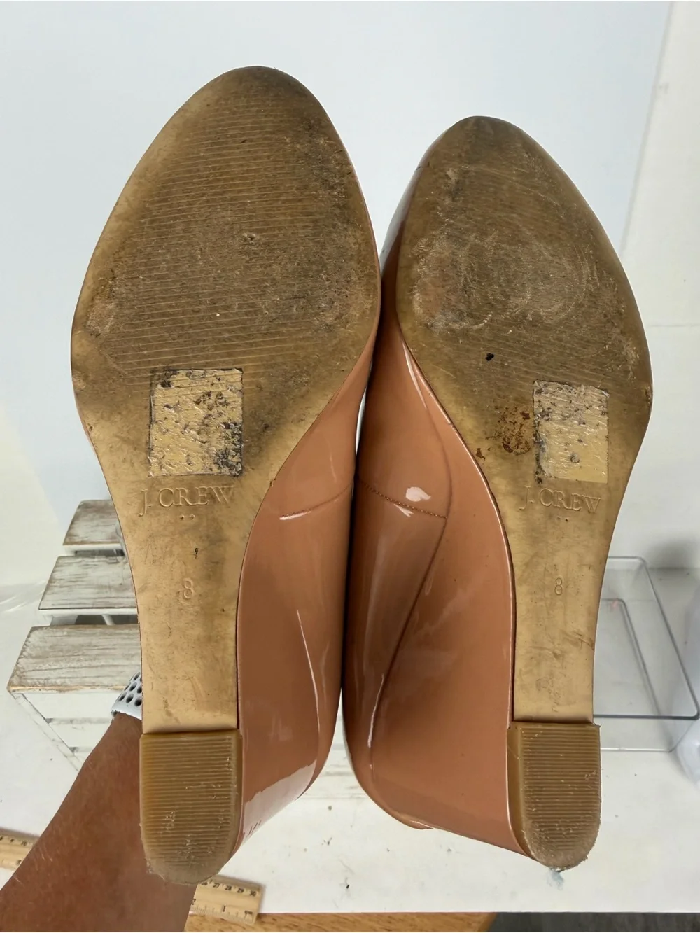 J.Crew Sylvia tan patent leather wedge glossy finish rounded toe size 8